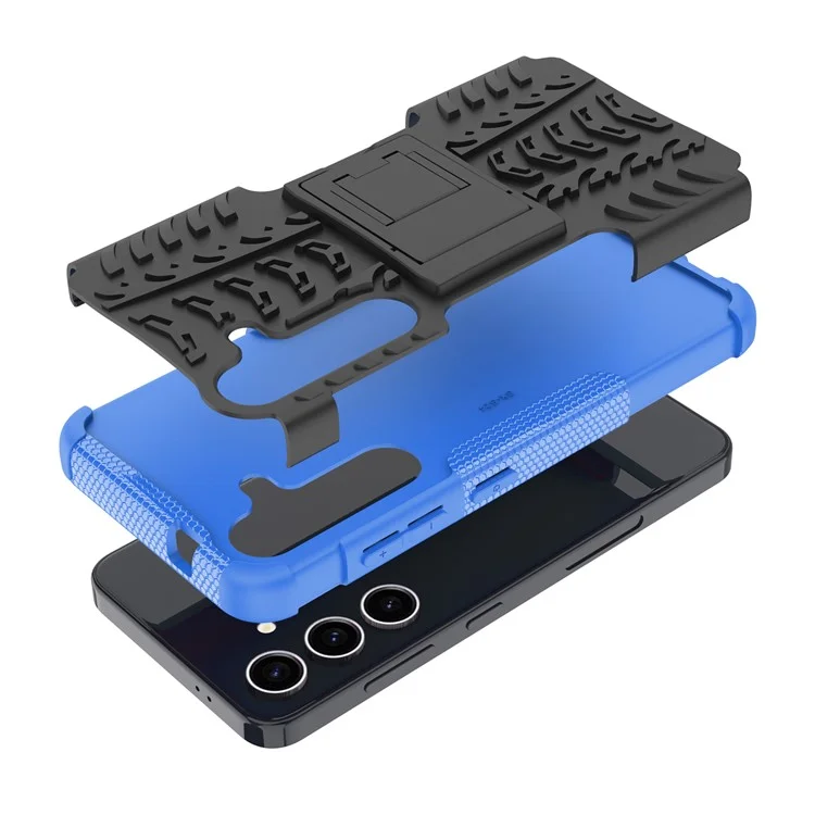 Pour Samsung Galaxy S24 Tyre Pattern Phone Case Kickstand PC+TPU Shockproof Phone Cover - Bleu