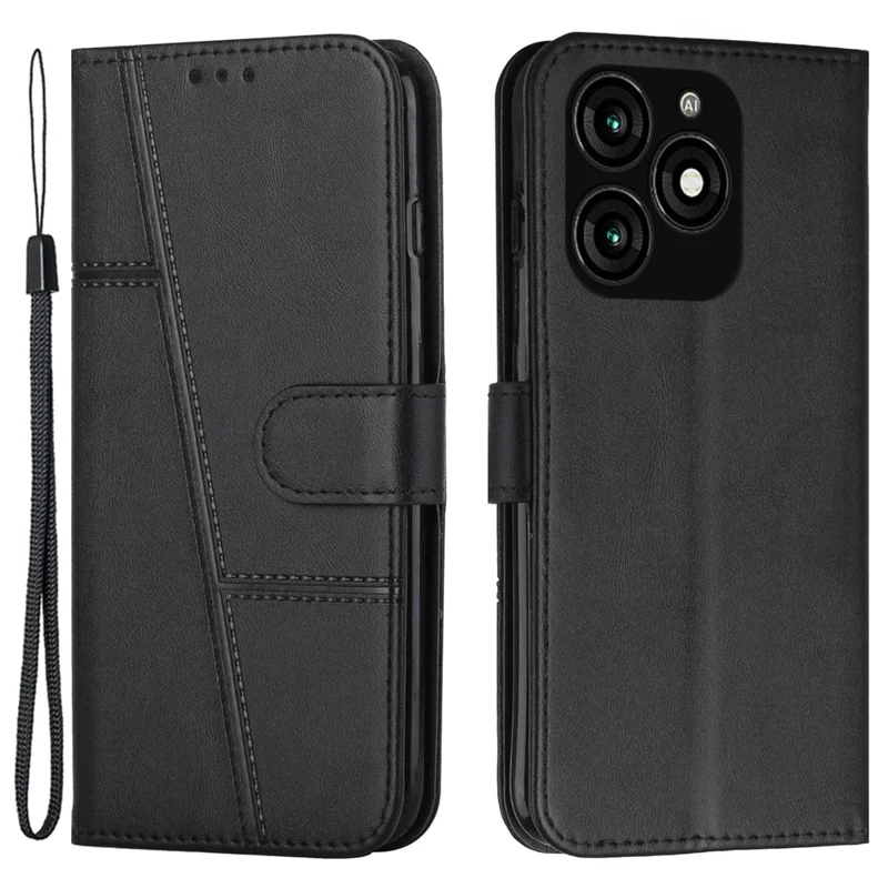 Leather Wallet Case for itel A70 Phone Stand Cover Calf Texture - Black