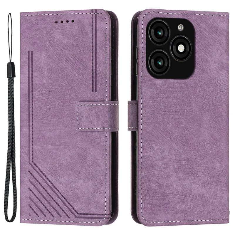 For itel A70 Leather Phone Case Skin-Friendly Folding Stand Cover Line Imprinted - Purple