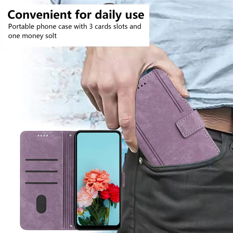 For itel A70 Leather Phone Case Skin-Friendly Folding Stand Cover Line Imprinted - Purple