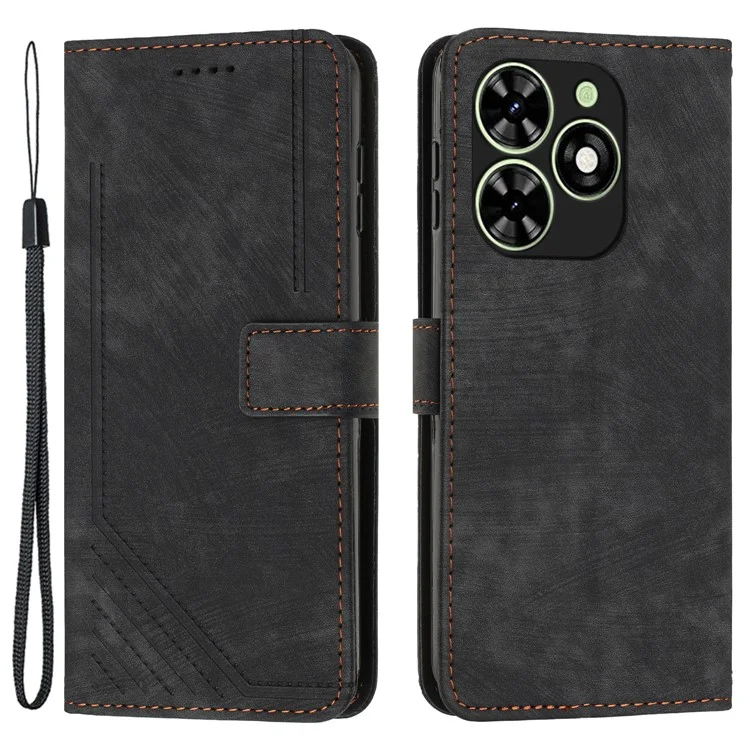 For Infinix Smart 8 4G Wallet PU Leather Case Line Imprinted Phone Cover Skin-Friendly Touch - Black