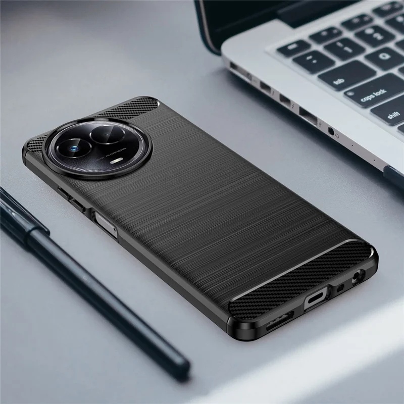 For Realme V50s 5G Case Shockproof Carbon Fiber Texture TPU Cell Phone Cover - Black