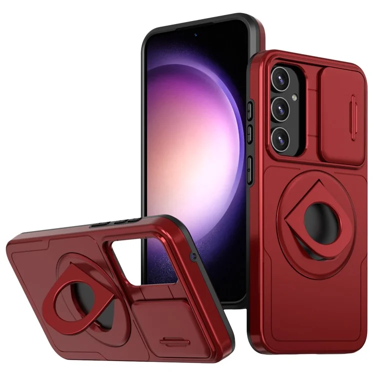 For Samsung Galaxy S23 FE Magnetic Phone Case PC+TPU Cover with Slide Lens Window - Red