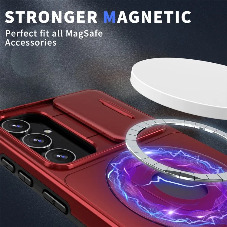 For Samsung Galaxy S23 FE Magnetic Phone Case PC+TPU Cover with Slide Lens Window - Red