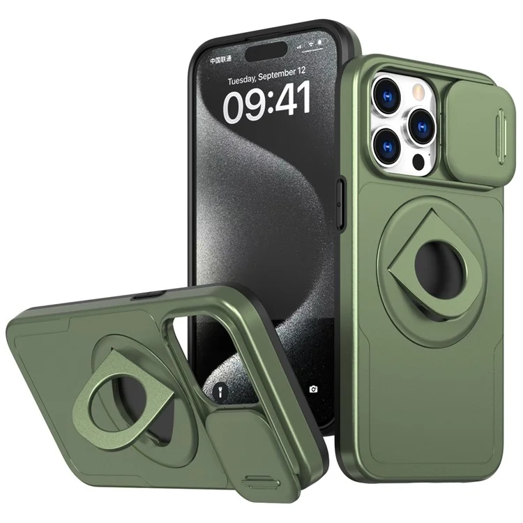 Per iPhone 15 Pro Case Magnetic Slide Lens Protection PC+TPU Back Shell con Rotary Kickstand - Verde