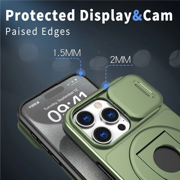 Per iPhone 15 Pro Case Magnetic Slide Lens Protection PC+TPU Back Shell con Rotary Kickstand - Verde