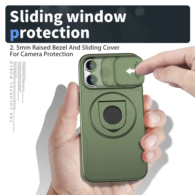 Per iPhone 15 Pro Case Magnetic Slide Lens Protection PC+TPU Back Shell con Rotary Kickstand - Verde