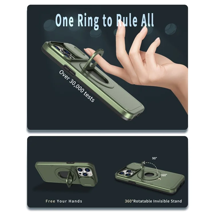 Per iPhone 15 Pro Case Magnetic Slide Lens Protection PC+TPU Back Shell con Rotary Kickstand - Verde