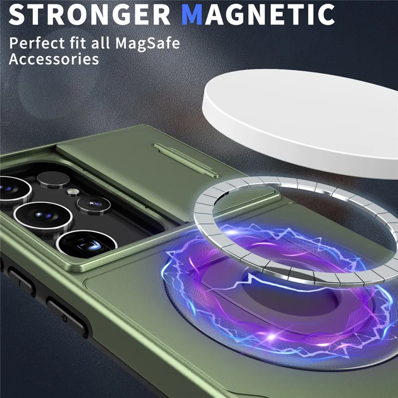 For Samsung Galaxy S23 Ultra Magnetic Phone Case N52 Magnet+PC+TPU Drop-resistant Kickstand Cover - Blackish Green