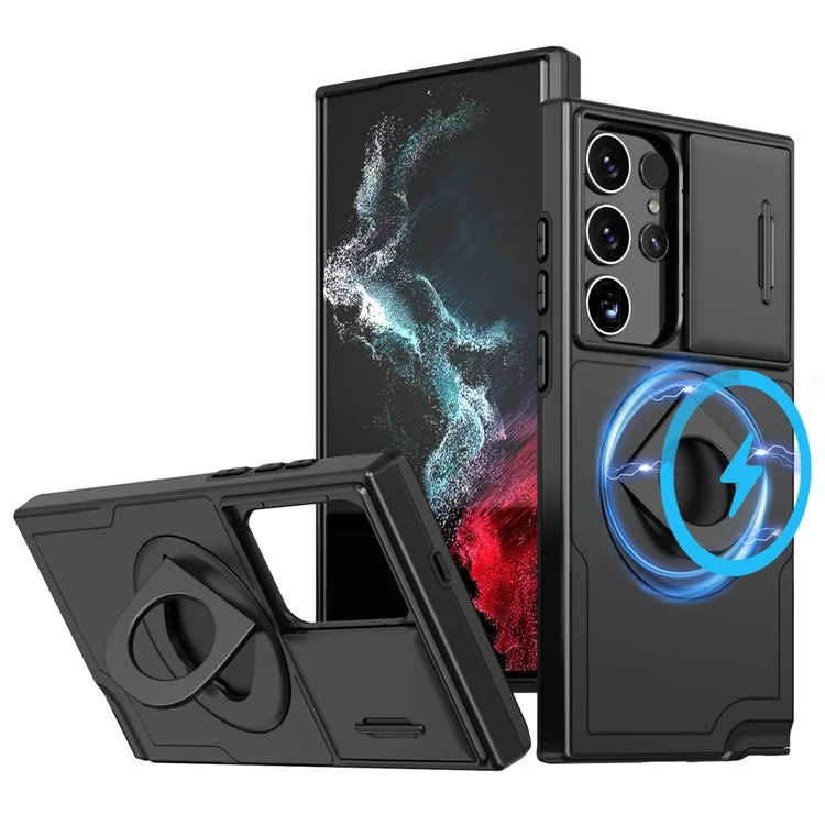 For Samsung Galaxy S23 Ultra Magnetic Phone Case N52 Magnet+PC+TPU Drop-resistant Kickstand Cover - Black