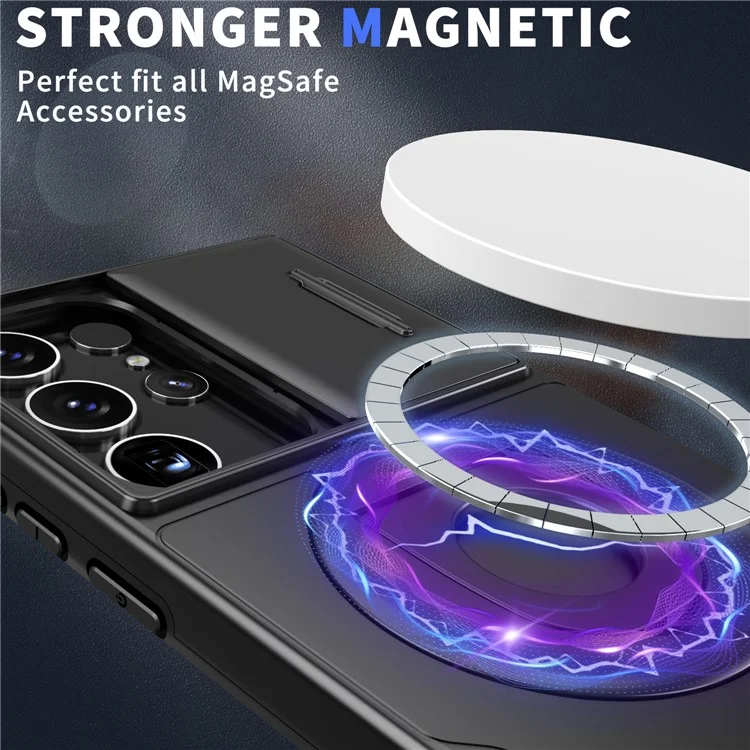 For Samsung Galaxy S23 Ultra Magnetic Phone Case N52 Magnet+PC+TPU Drop-resistant Kickstand Cover - Black