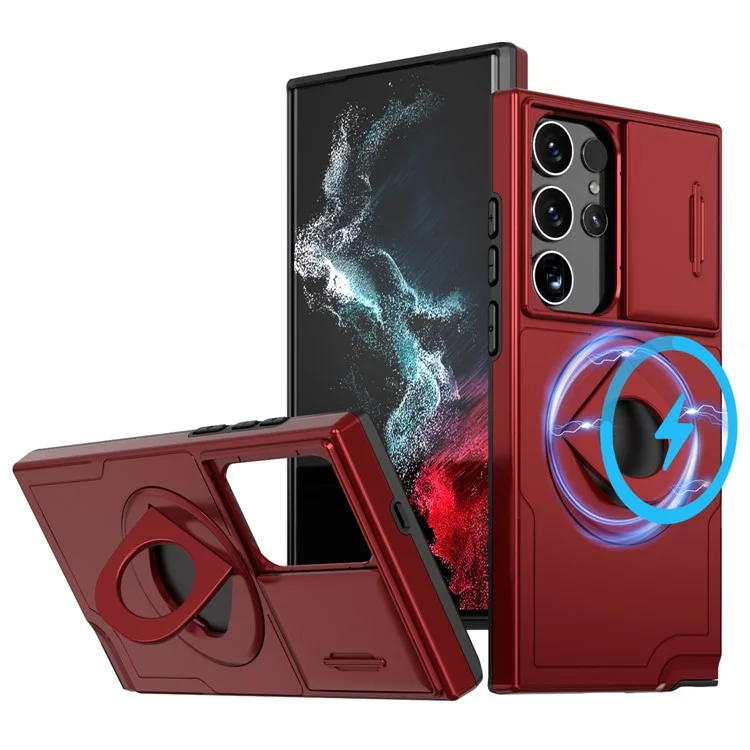For Samsung Galaxy S23 Ultra Magnetic Phone Case N52 Magnet+PC+TPU Drop-resistant Kickstand Cover - Red