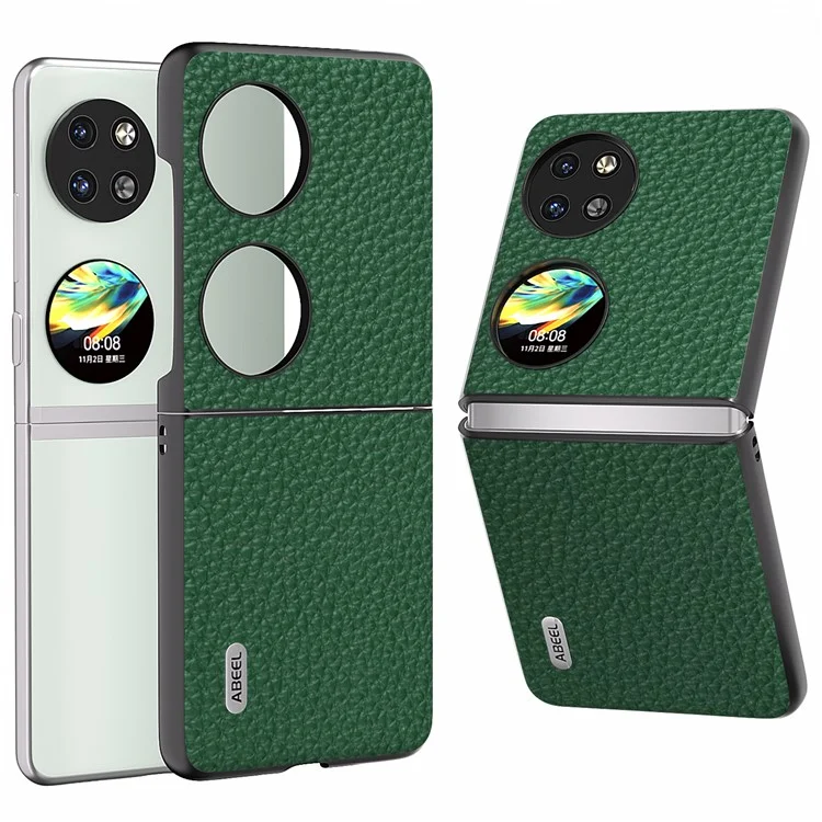 ABEEL Pour Huawei Pocket 2 Étui de téléphone en cuir véritable de vache avec coque intérieure en PC dur Texture de litchi - Vert