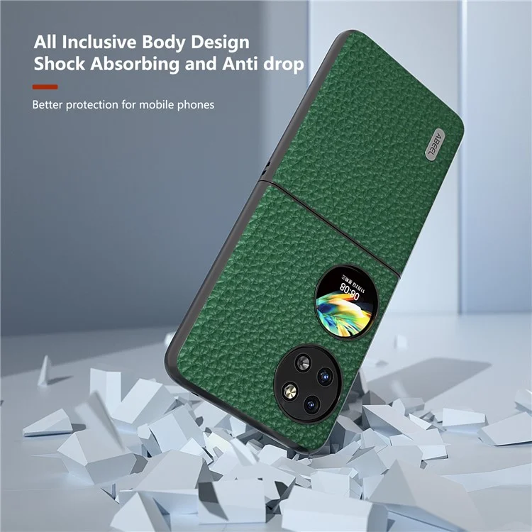 ABEEL Pour Huawei Pocket 2 Étui de téléphone en cuir véritable de vache avec coque intérieure en PC dur Texture de litchi - Vert