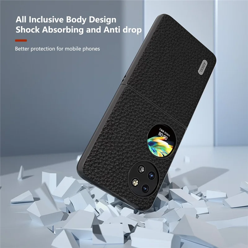 ABEEL For Huawei Pocket 2 Phone Case Genuine Cow Leather with Hard PC Inner Shell Litchi Texture - Black