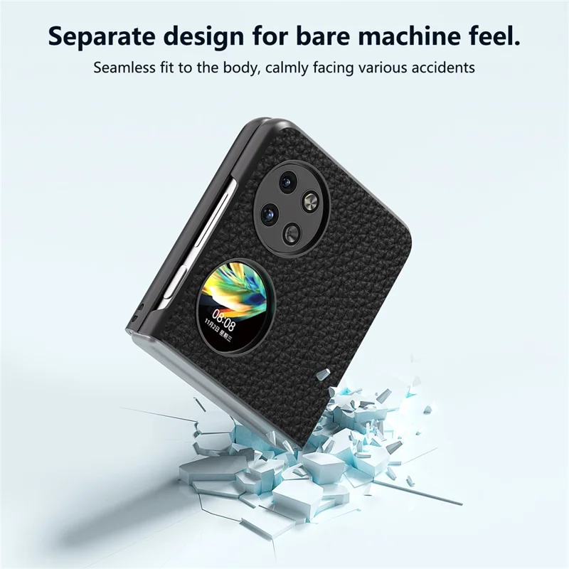 ABEEL For Huawei Pocket 2 Phone Case Genuine Cow Leather with Hard PC Inner Shell Litchi Texture - Black