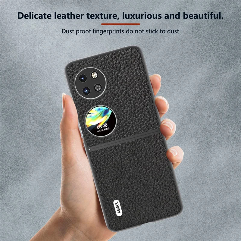 ABEEL For Huawei Pocket 2 Phone Case Genuine Cow Leather with Hard PC Inner Shell Litchi Texture - Black