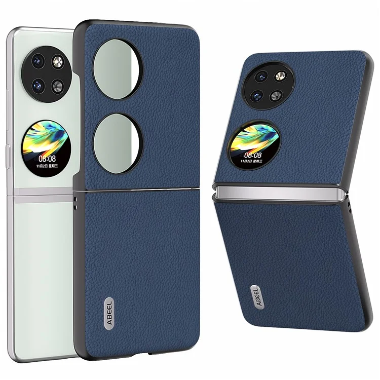 ABEEL Pour Huawei Pocket 2 Étui en Cuir de Vache Véritable Motif Grain de Peau + Housse de Téléphone en PC - Bleu