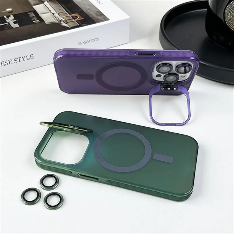 For iPhone 12 / 12 Pro Case Camera Kickstand IMD PC+TPU Phone Cover Compatible with MagSafe - Green