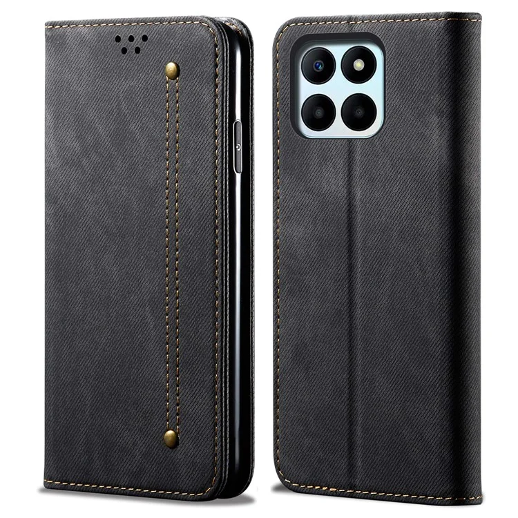 For Honor X8b 4G-Fallsammlung Leder-Folio-Geldbörse Handyhülle Jeans-Stofftextur - Schwarz
