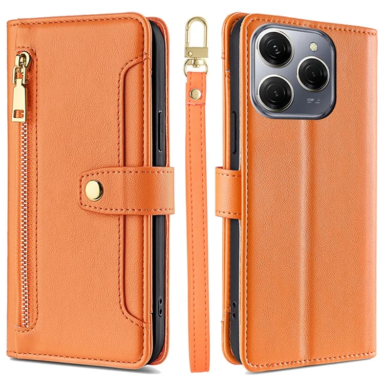 Para TECNO Spark 20 Pro Case Zipper Pocket PU Leather Phone Wallet Cover con correas para el hombro y la muñeca - Naranja