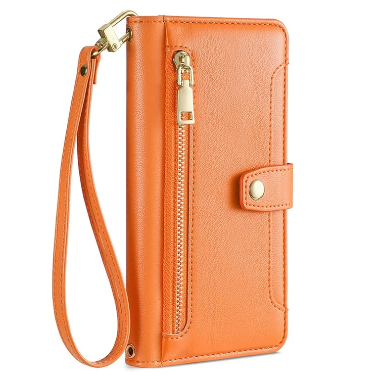Para TECNO Spark 20 Pro Case Zipper Pocket PU Leather Phone Wallet Cover con correas para el hombro y la muñeca - Naranja