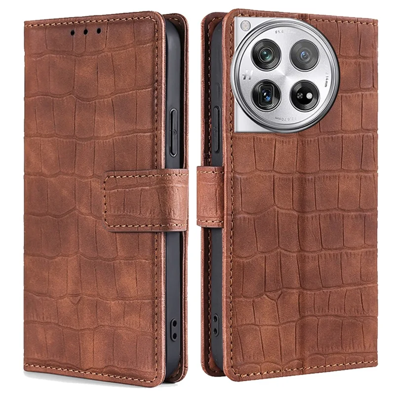 For OnePlus 12 5G Flip Phone Case PU Leather Crocodile Texture Stand Phone Shell Wallet - Brown