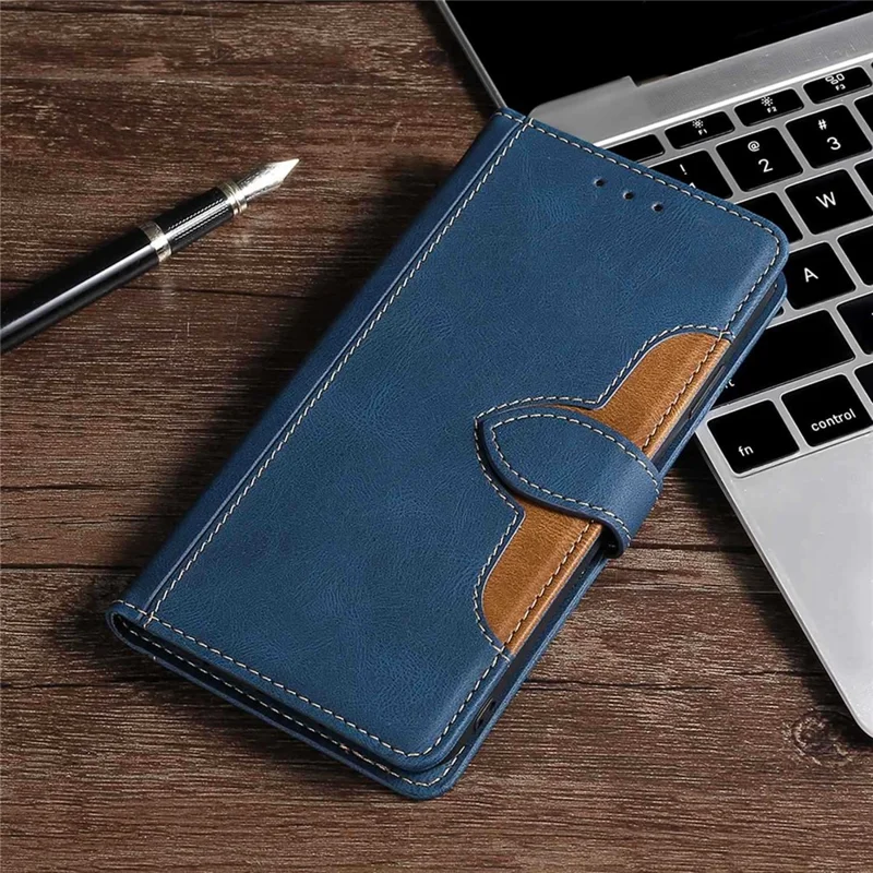 For Samsung Galaxy A15 4G / A15 5G Cover Straw Hat Design PU Leather Stand Wallet Cell Phone Case - Blue