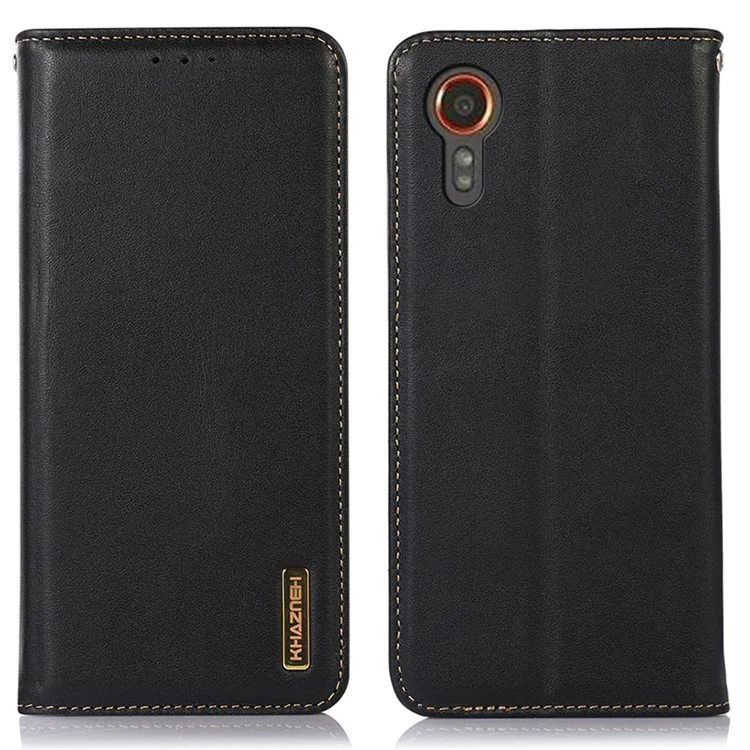 KHAZNEH For Samsung Galaxy Xcover7 Genuine Cow Leather Case Phone Wallet Stand - Black