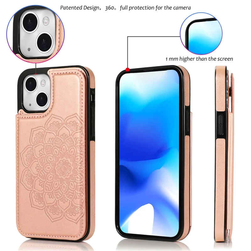 Pour iPhone 15 Plus Étui en Cuir PU + TPU Mandala Fleur Porte-Carte Housse de Téléphone - Rose Gold
