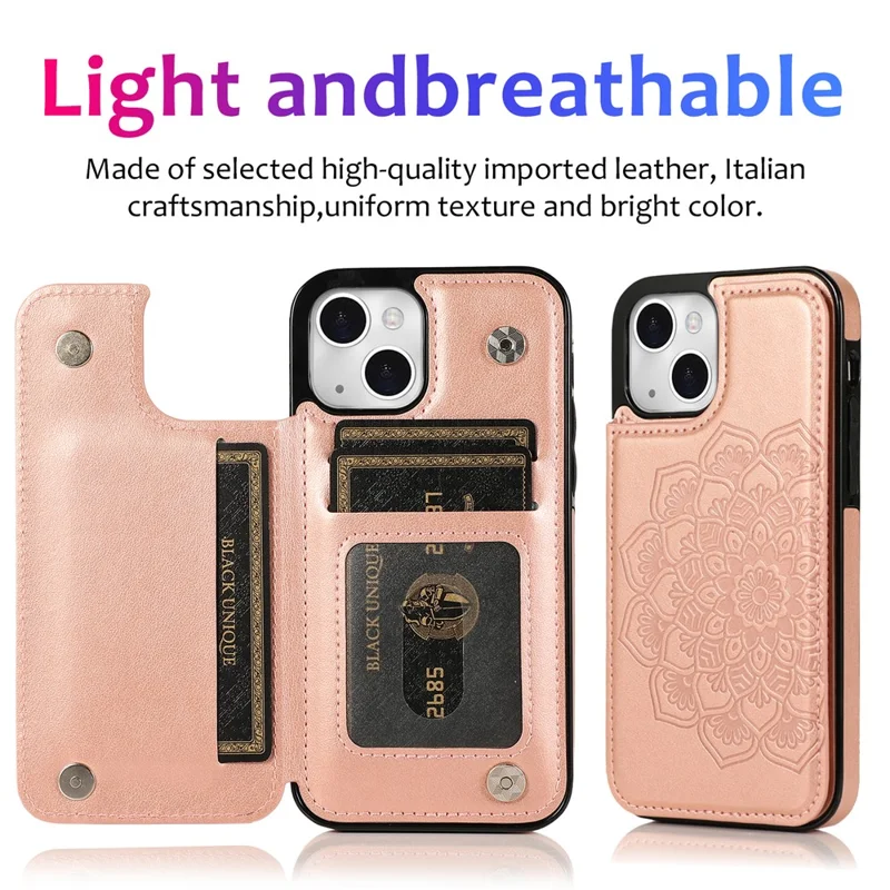 Pour iPhone 15 Plus Étui en Cuir PU + TPU Mandala Fleur Porte-Carte Housse de Téléphone - Rose Gold