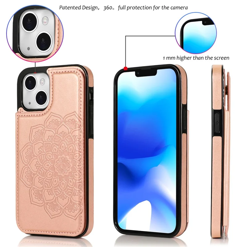 For iPhone 14 Case Imprinted Mandala Flower Kickstand PU Leather+TPU Phone Cover - Rose Gold
