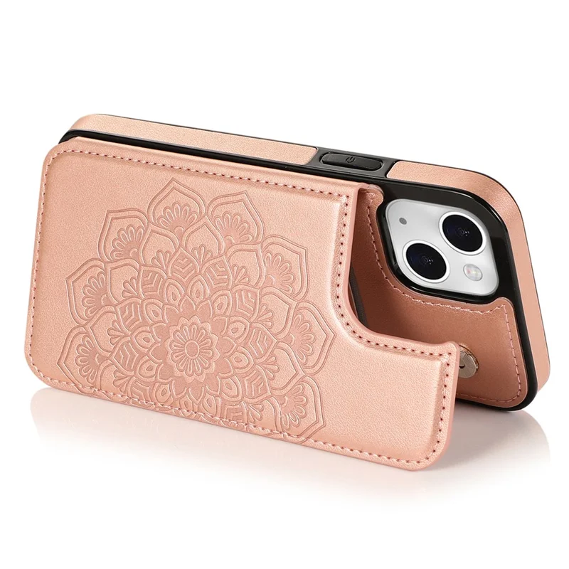 For iPhone 14 Case Imprinted Mandala Flower Kickstand PU Leather+TPU Phone Cover - Rose Gold