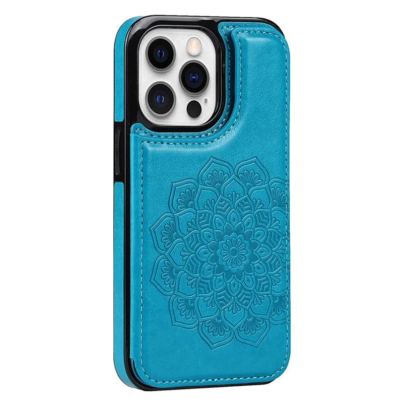 Per iPhone 15 Pro Cell Phone Case Imprinted Mandala Flower PU Leather+TPU Anti-fall Cover - Blue