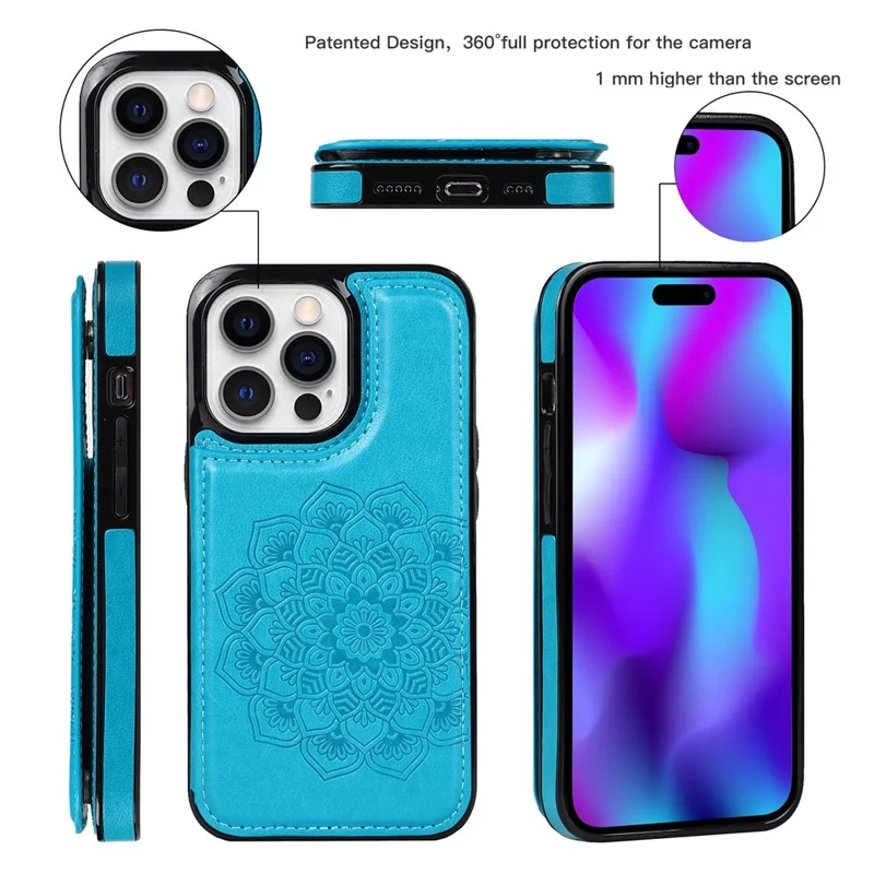 Per iPhone 15 Pro Cell Phone Case Imprinted Mandala Flower PU Leather+TPU Anti-fall Cover - Blue