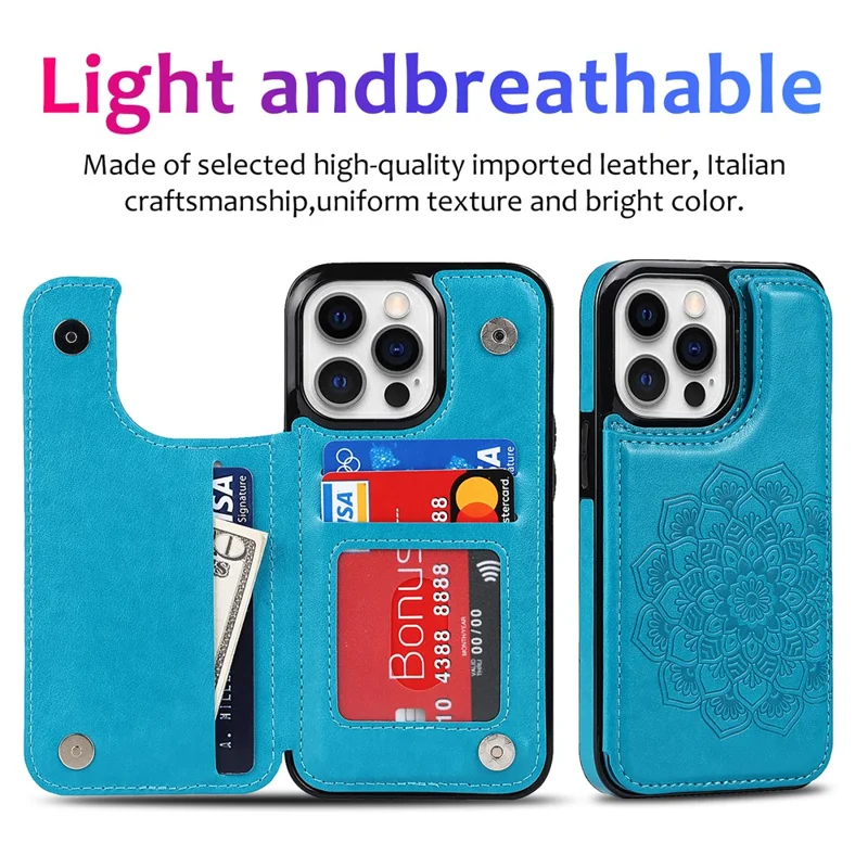 Per iPhone 15 Pro Cell Phone Case Imprinted Mandala Flower PU Leather+TPU Anti-fall Cover - Blue
