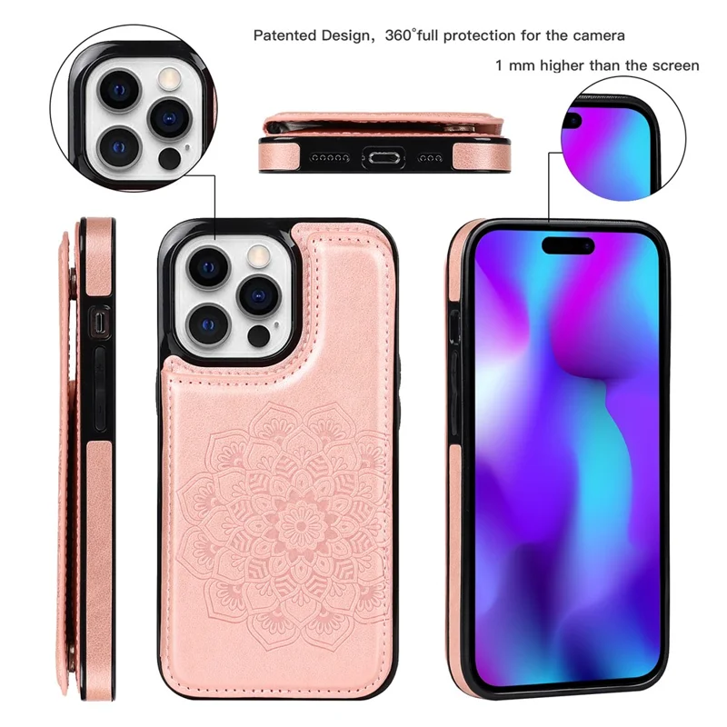 For iPhone 15 Pro Cell Phone Case Imprinted Mandala Flower PU Leather+TPU Anti-fall Cover - Rose Gold