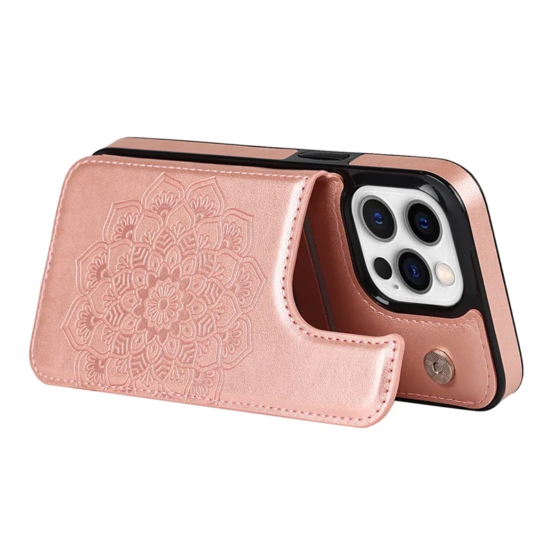For iPhone 15 Pro Cell Phone Case Imprinted Mandala Flower PU Leather+TPU Anti-fall Cover - Rose Gold