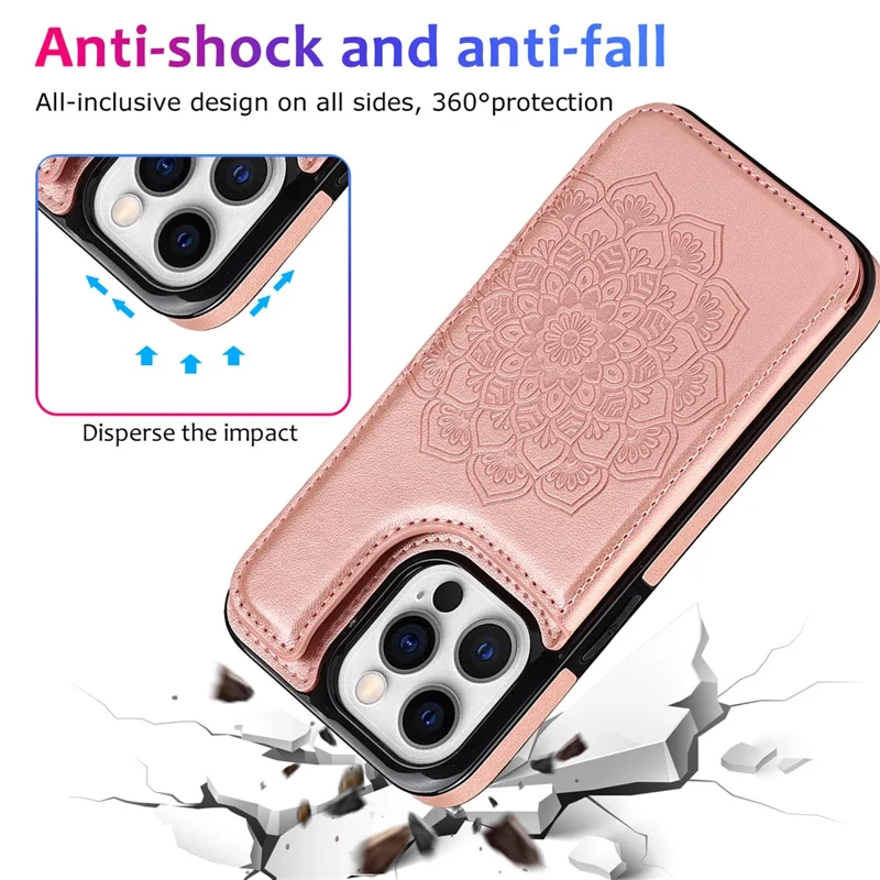 For iPhone 15 Pro Cell Phone Case Imprinted Mandala Flower PU Leather+TPU Anti-fall Cover - Rose Gold
