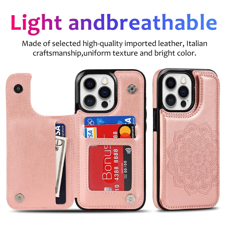 For iPhone 15 Pro Cell Phone Case Imprinted Mandala Flower PU Leather+TPU Anti-fall Cover - Rose Gold