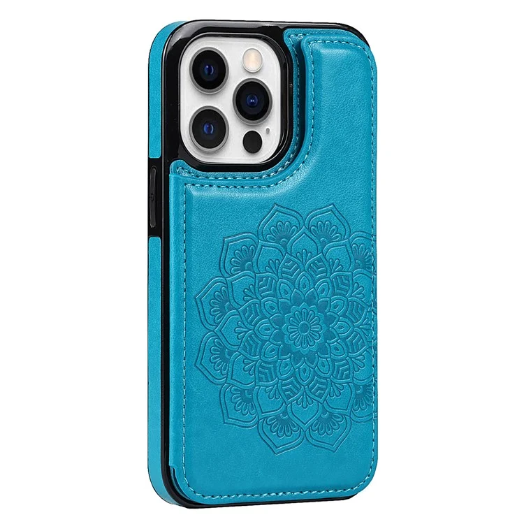 Para iPhone 14 Pro Cell Phone Case Mandala Imprinted Drop Proof PU Leather+TPU Cover - Blue