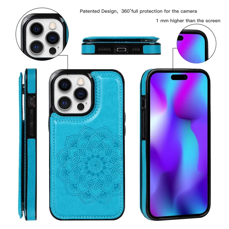 Para iPhone 14 Pro Cell Phone Case Mandala Imprinted Drop Proof PU Leather+TPU Cover - Blue
