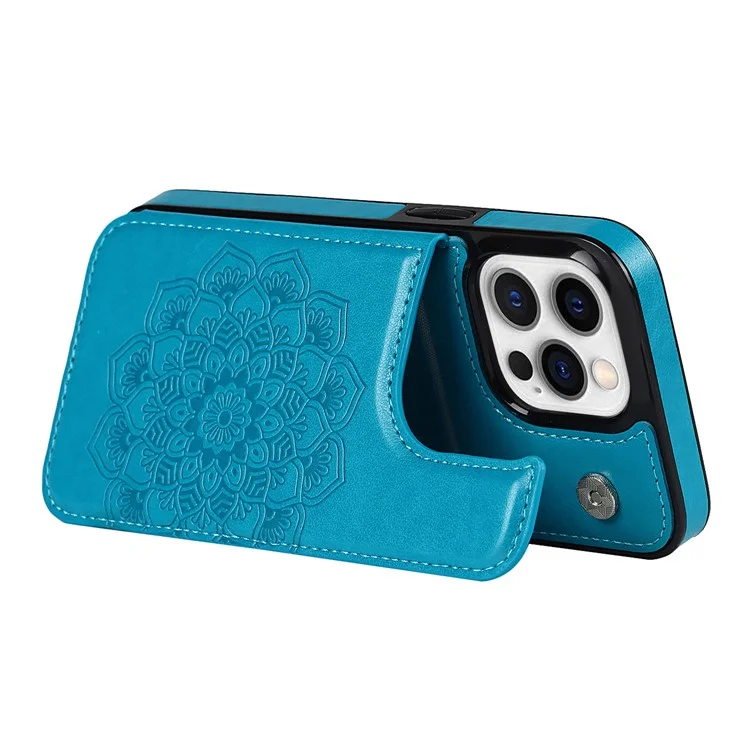 Para iPhone 14 Pro Cell Phone Case Mandala Imprinted Drop Proof PU Leather+TPU Cover - Blue