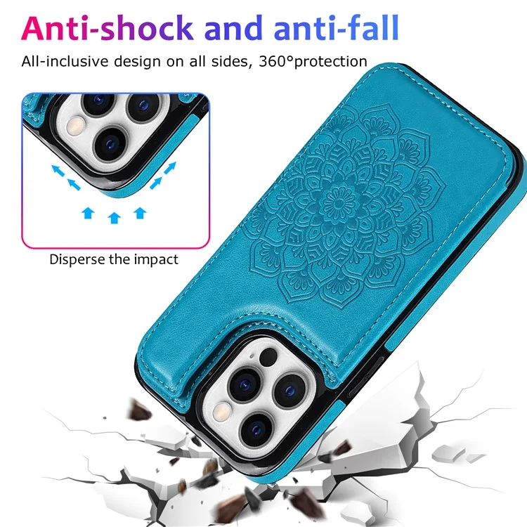 Para iPhone 14 Pro Cell Phone Case Mandala Imprinted Drop Proof PU Leather+TPU Cover - Blue