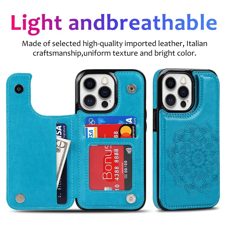 Para iPhone 14 Pro Cell Phone Case Mandala Imprinted Drop Proof PU Leather+TPU Cover - Blue