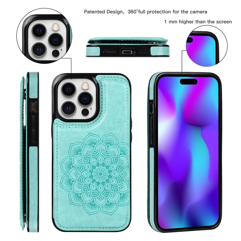 For iPhone 14 Pro Cell Phone Case Mandala Imprinted Drop Proof PU Leather+TPU Cover - Green