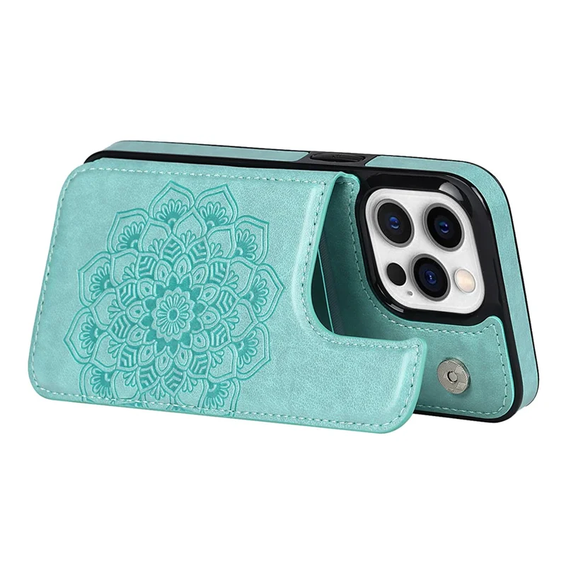 For iPhone 14 Pro Cell Phone Case Mandala Imprinted Drop Proof PU Leather+TPU Cover - Green