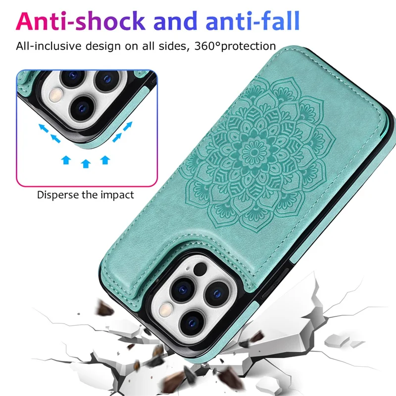 For iPhone 14 Pro Cell Phone Case Mandala Imprinted Drop Proof PU Leather+TPU Cover - Green