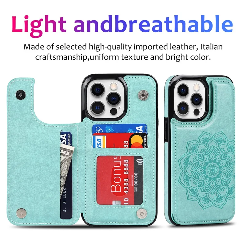 For iPhone 14 Pro Cell Phone Case Mandala Imprinted Drop Proof PU Leather+TPU Cover - Green
