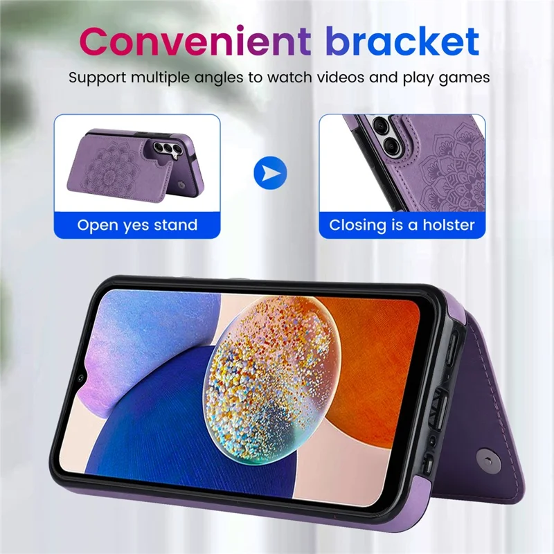 Para Samsung Galaxy A14 5G / 4G Couro+Capa de TPU com Suporte Flor Mandala Estampada Capa de Telefone - Roxo